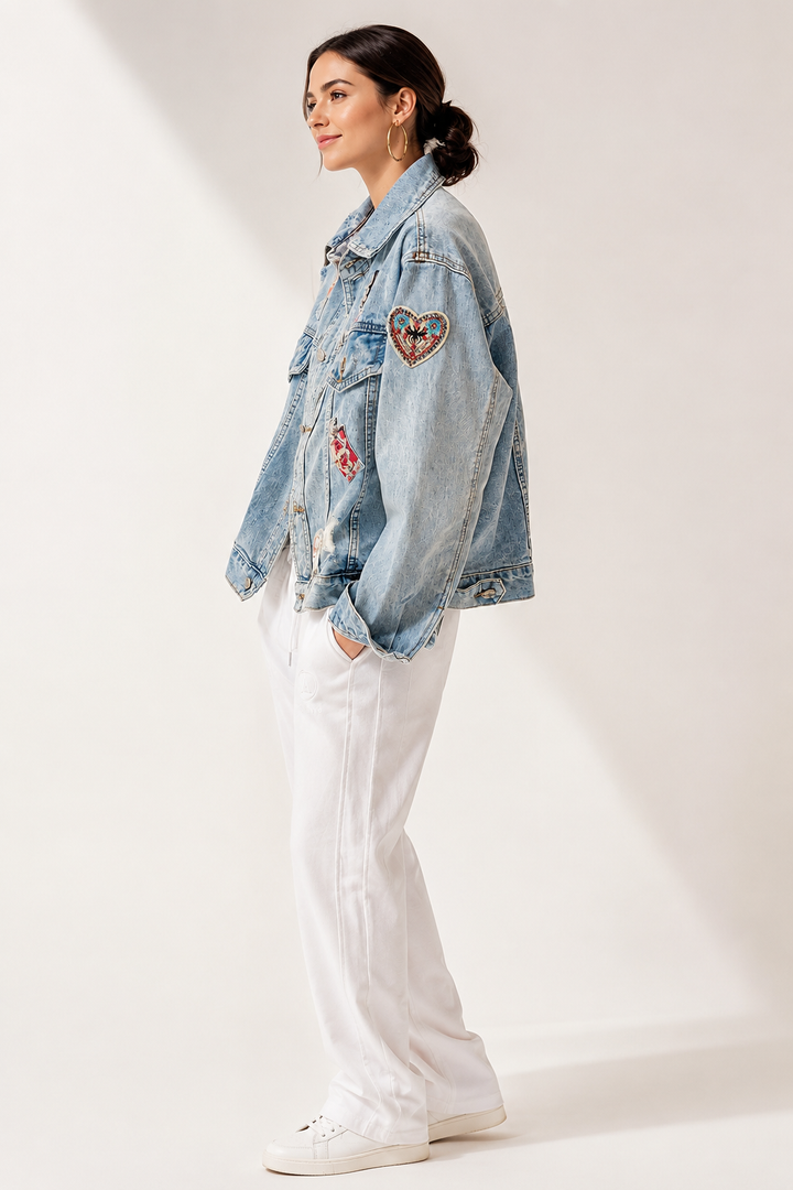 Korte damesjeansjas met patches en verwassen look - Odette