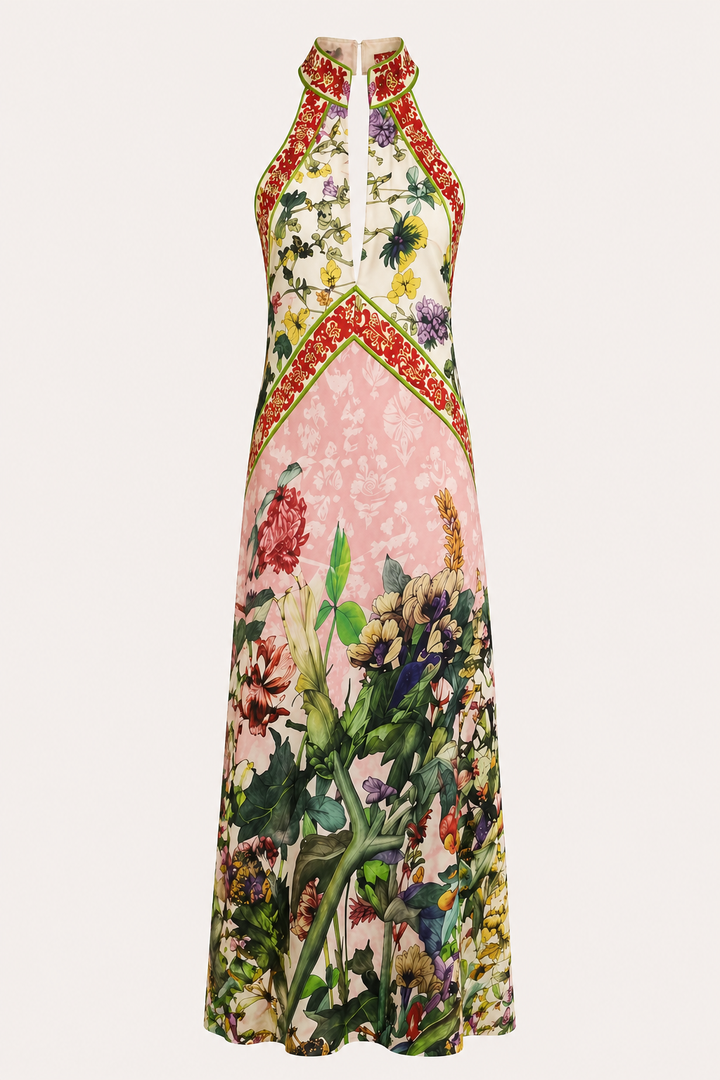 Lange halterjurk met bloemensplit - Valery