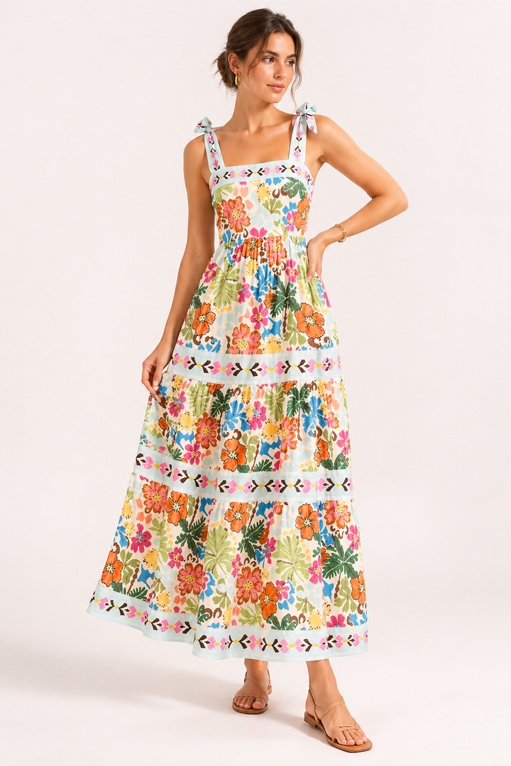 Dames midi-jurk met zomerbandjes met bloemenprint - Estela