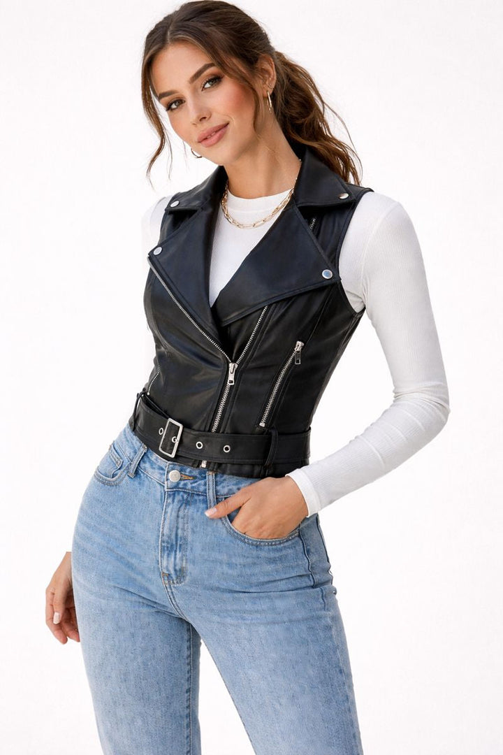 Dames bodywarmer met leereffect en riem - Elira