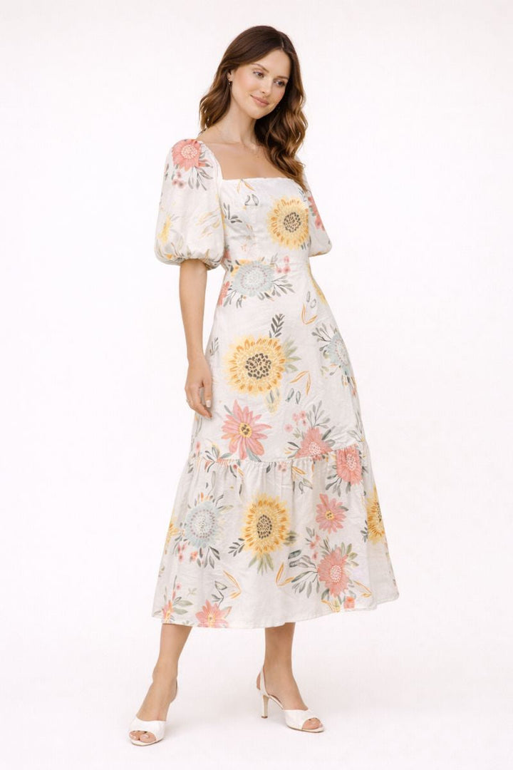Dames midi-jurk met pofmouwen en bloemenprint - Miry