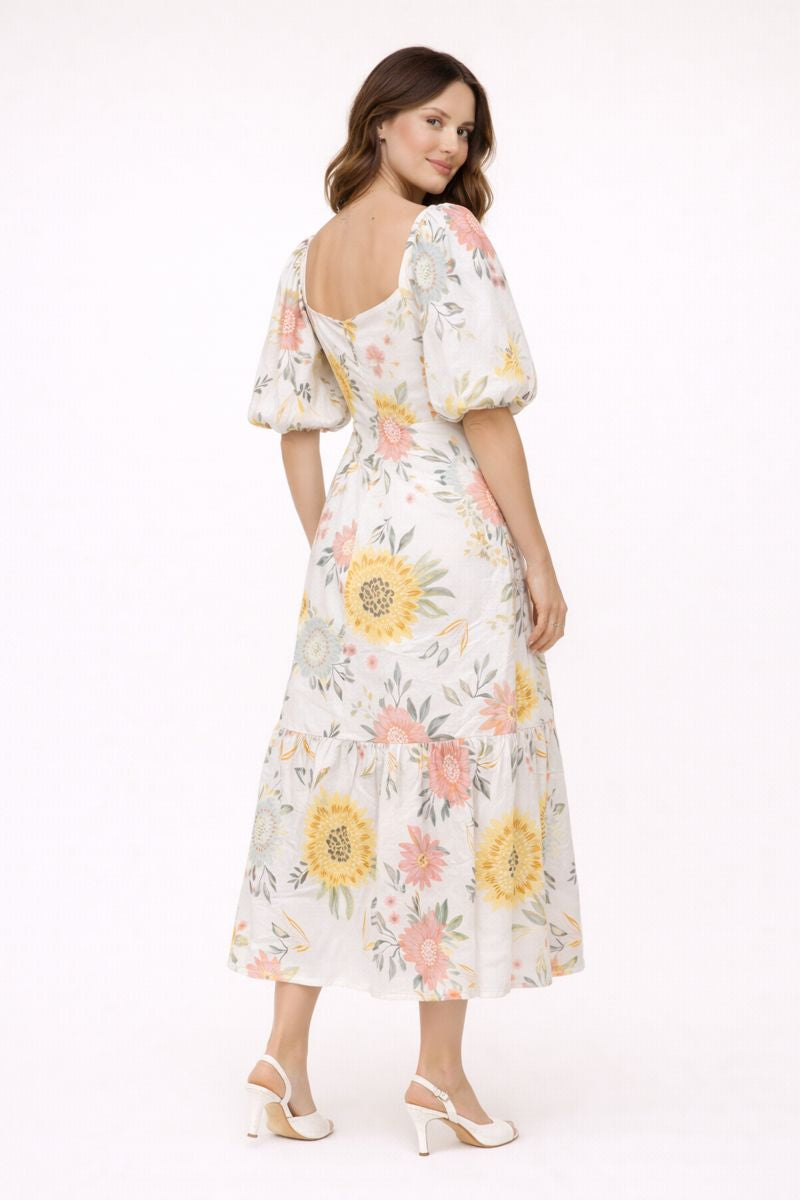 Dames midi-jurk met pofmouwen en bloemenprint - Miry