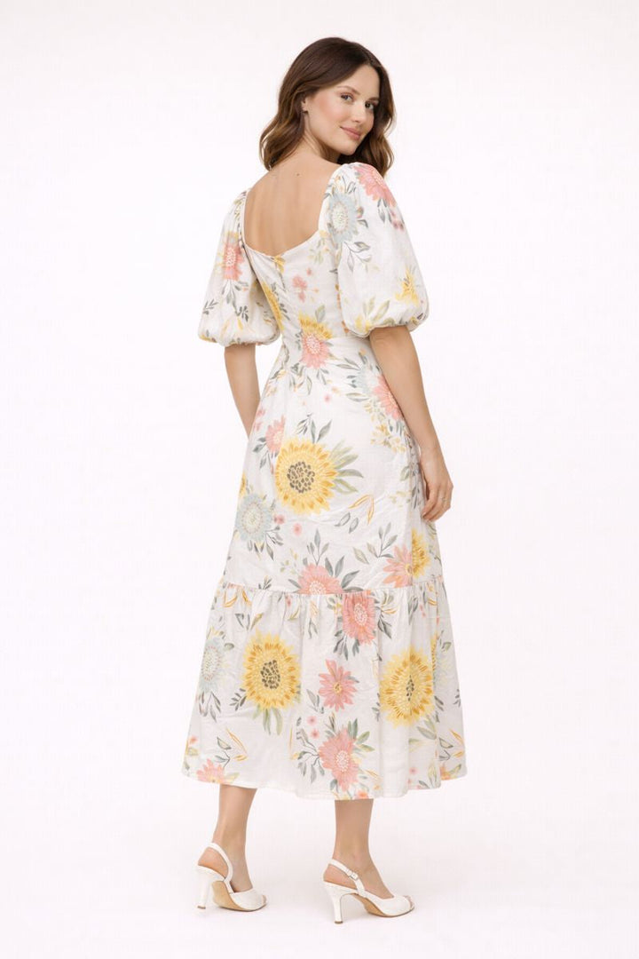 Dames midi-jurk met pofmouwen en bloemenprint - Miry