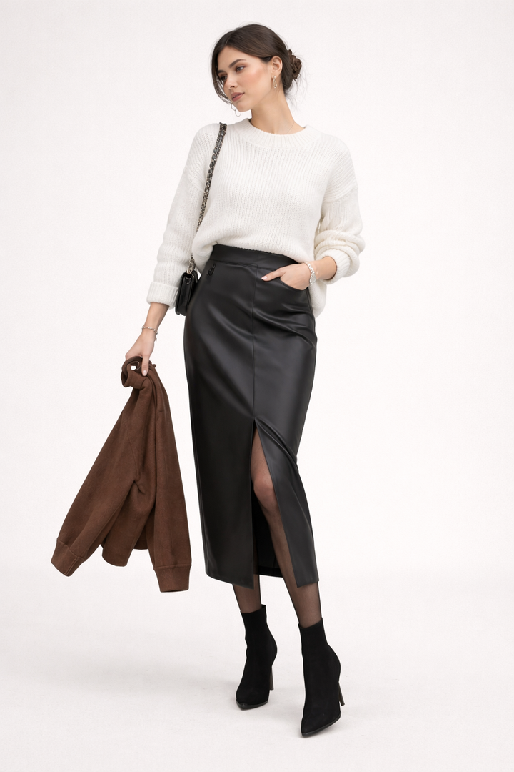 Midirok met leereffect en split voor dames - Chiara