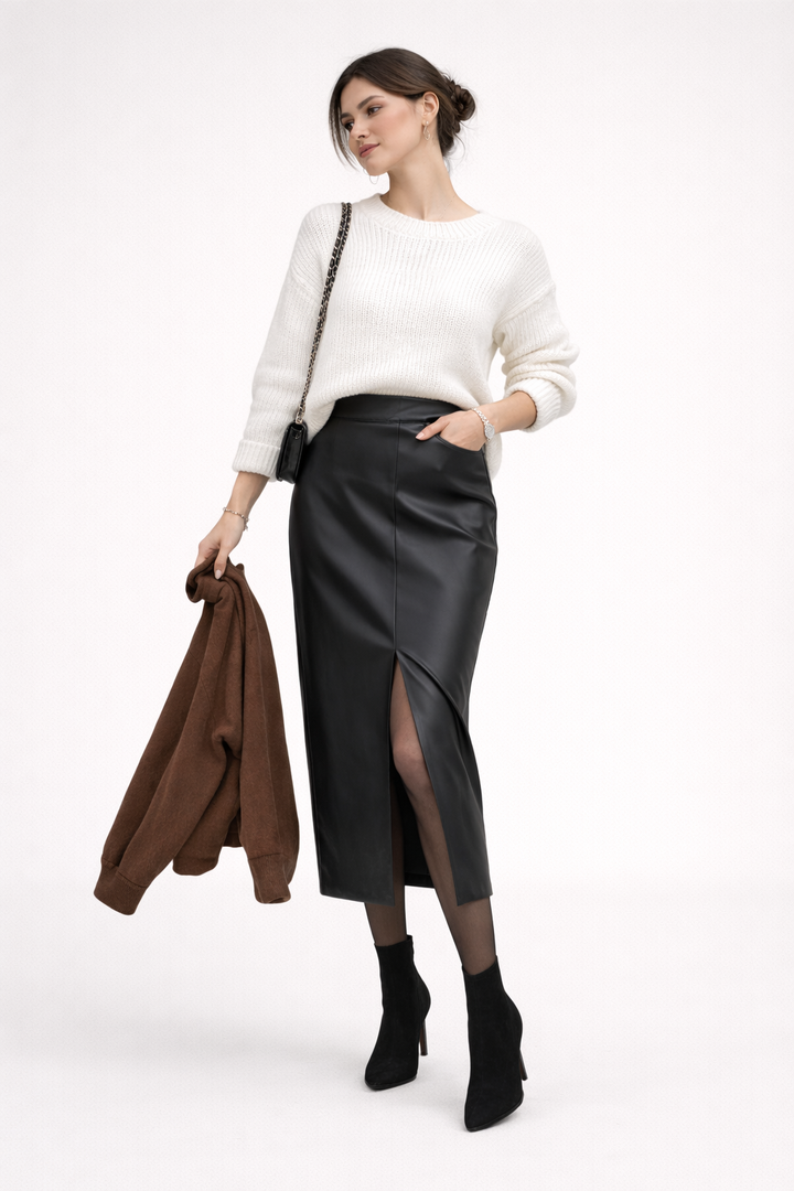 Midirok met leereffect en split voor dames - Chiara