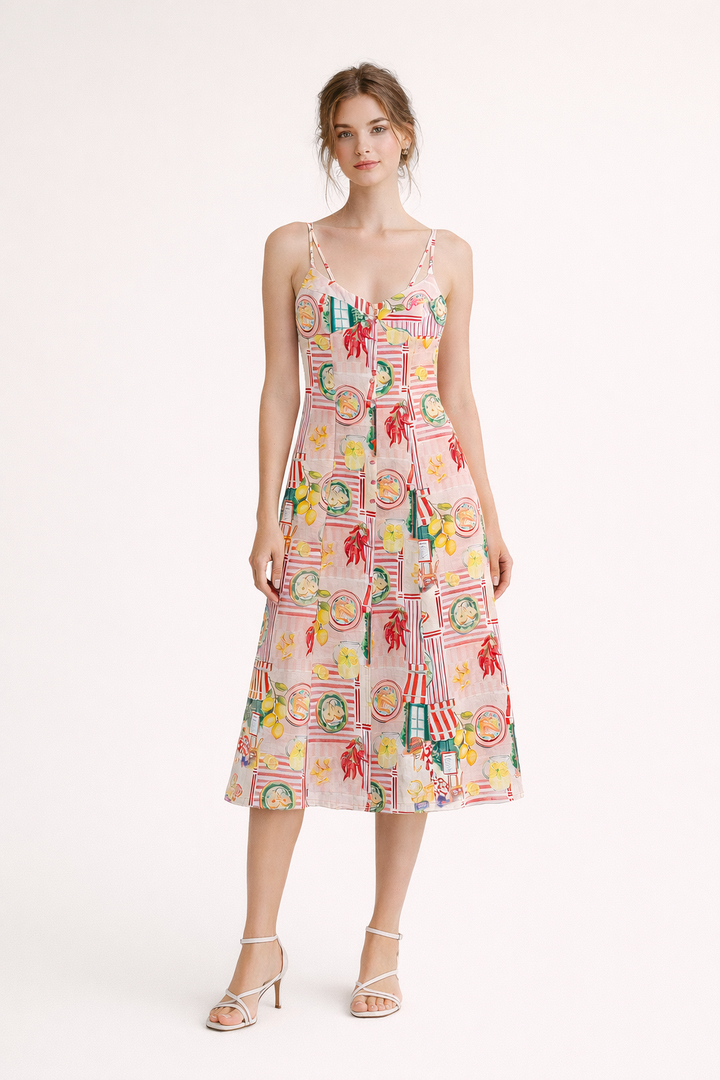 Dames midi-jurk met lentekunstprint - Bianca