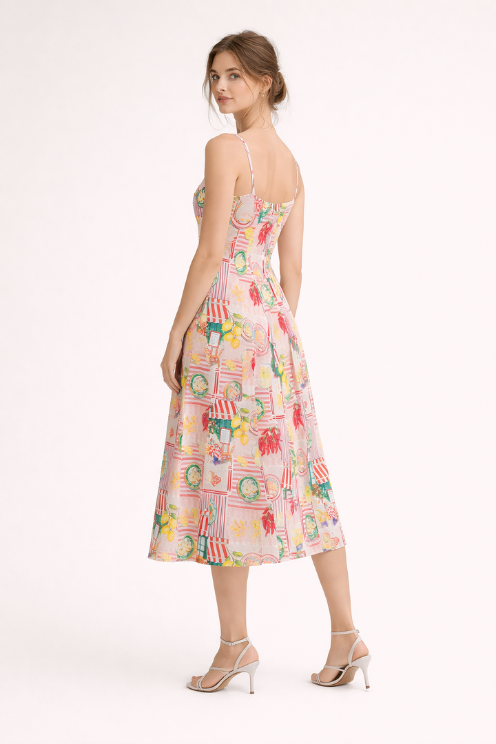 Dames midi-jurk met lentekunstprint - Bianca