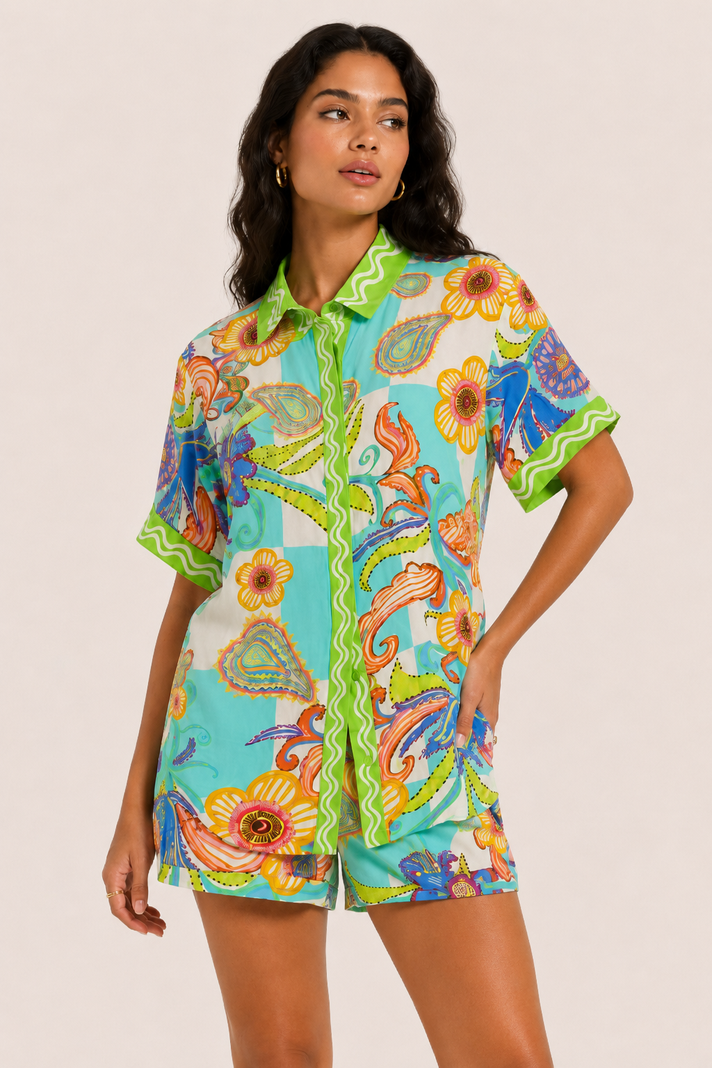 Damesset bedrukte blouse zomershort - Tabea