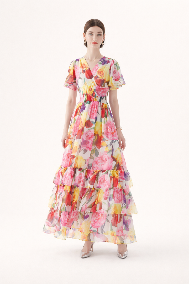Lange jurk met bloemenprint en ruches voor dames - Alessandra