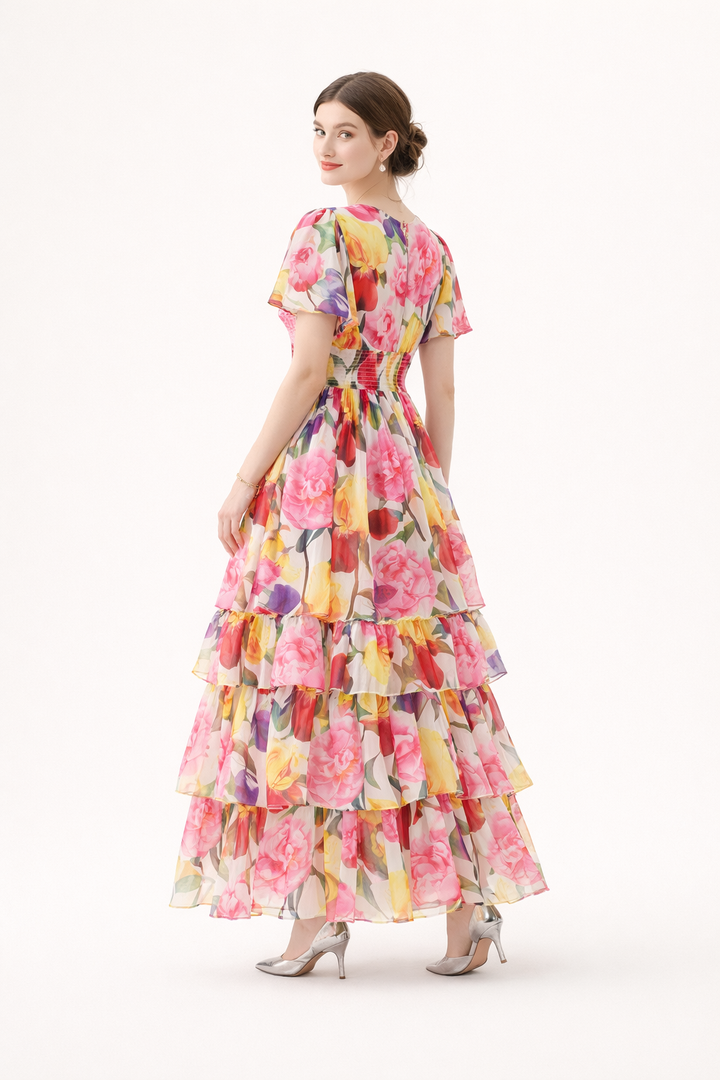 Lange jurk met bloemenprint en ruches voor dames - Alessandra