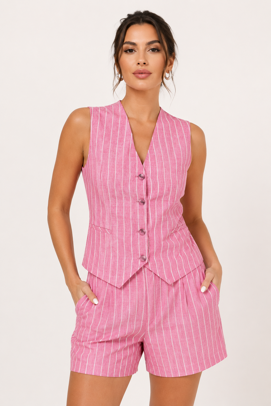 Damesset met gestreept gilet en hoog uitgesneden shorts - Pinny