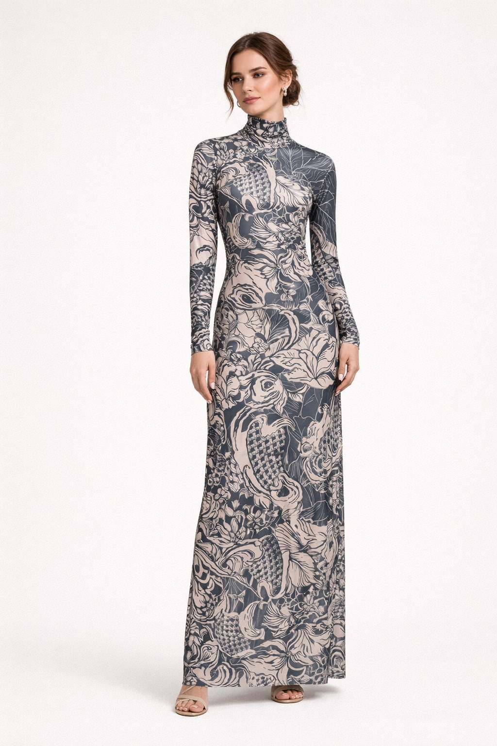 Dames maxi-jurk met lange mouwen, hoge hals en print - Baddie