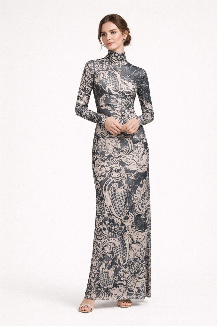 Dames maxi-jurk met lange mouwen, hoge hals en print - Baddie