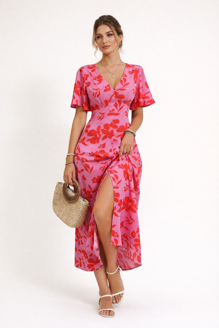 Midi-jurk met bloemenprint en split voor dames - Amalia