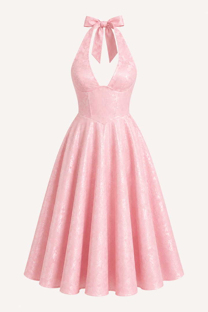 Midi-jurk halter hals vrouw elegante wijde rok - Elodie
