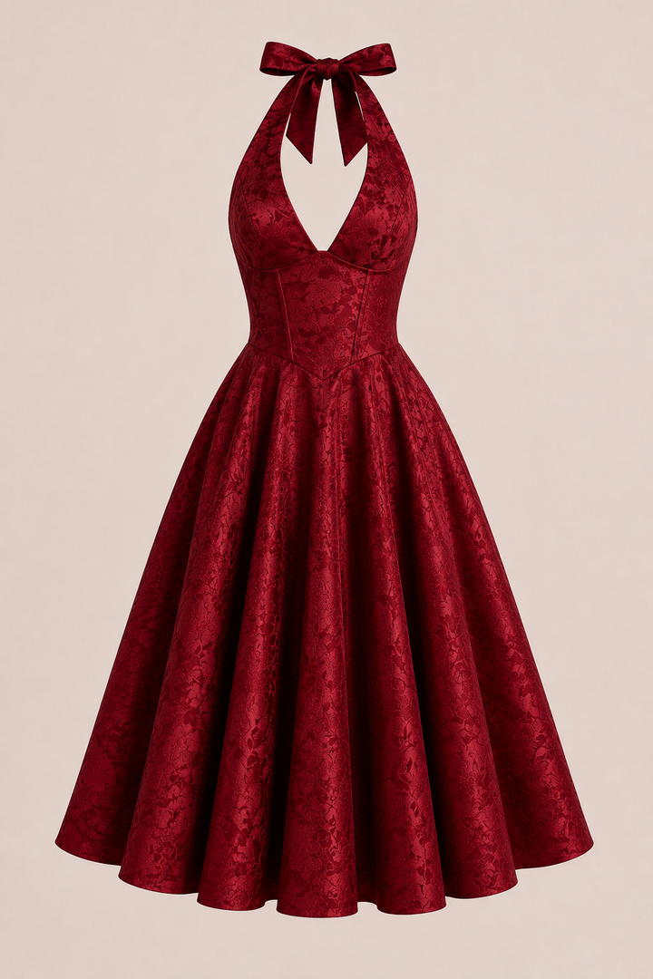 Midi-jurk halter hals vrouw elegante wijde rok - Elodie