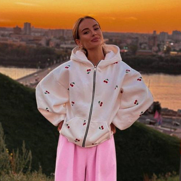 Damessweatshirt met capuchon en ritssluiting met kersenprint - Mely