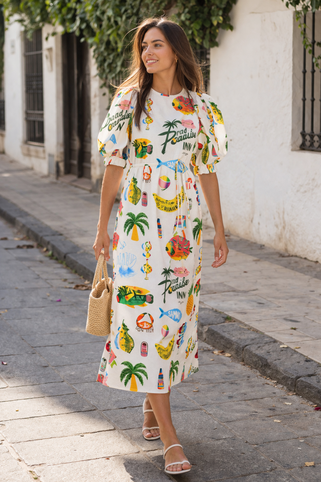 Damesjurk met pofmouwprint zomerstijl casual comfortabel - Stella