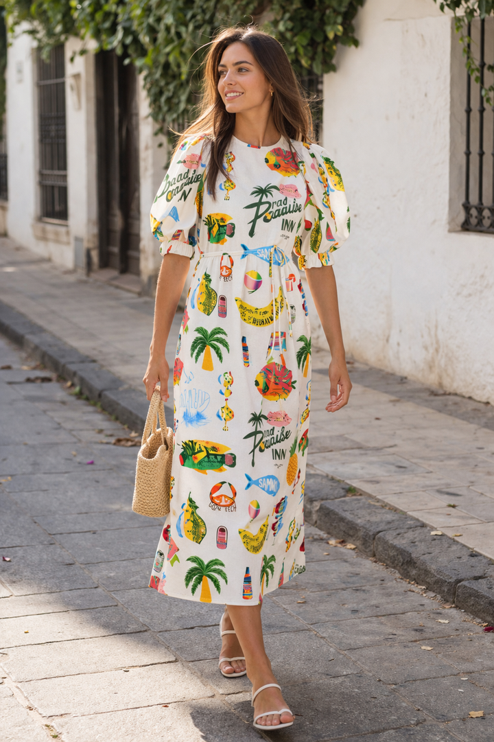 Damesjurk met pofmouwprint zomerstijl casual comfortabel - Stella
