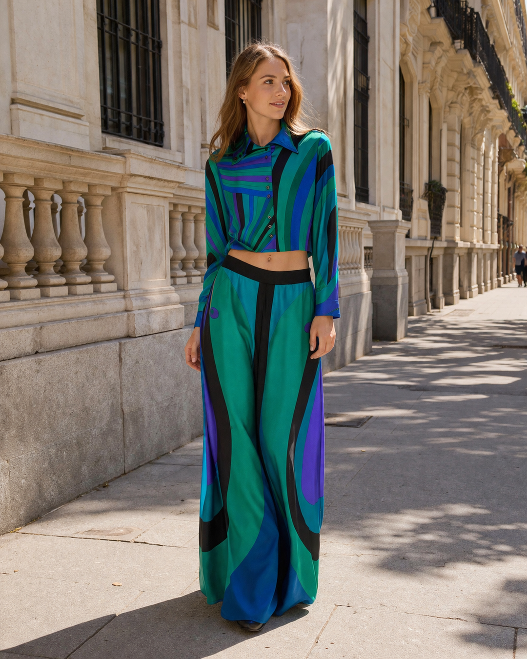 Damestop met lange mouwen, wijde broek, elegante print - Jenna