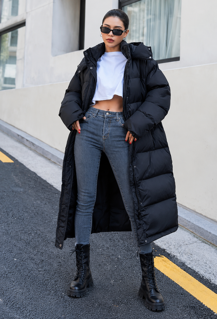 Lange gewatteerde damesjas oversized met capuchon en hoge hals - Selma