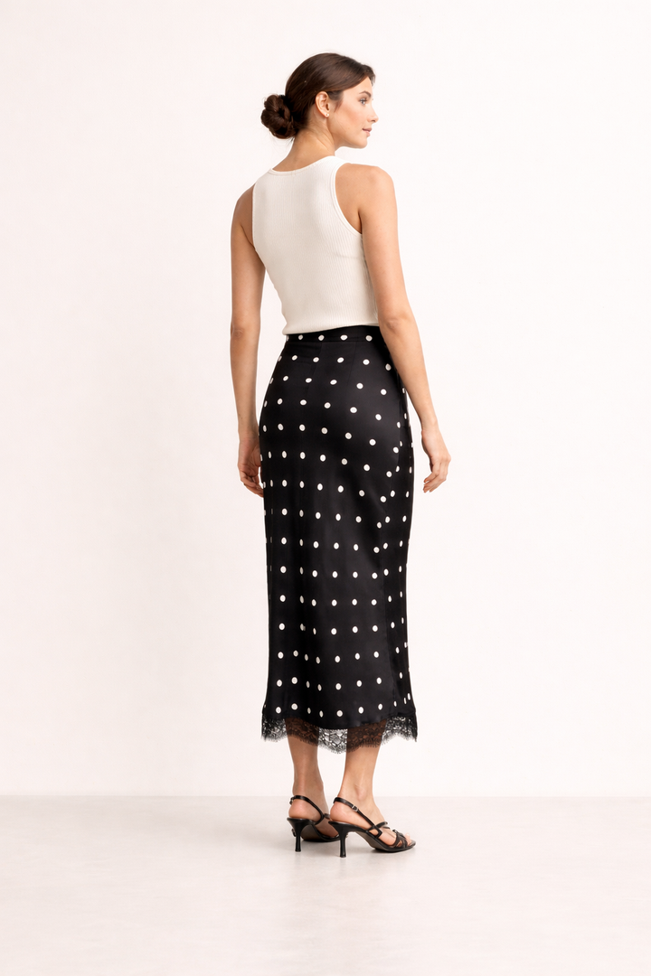 Dames midirok met stippenprint en elegant kanten detail - Solenne