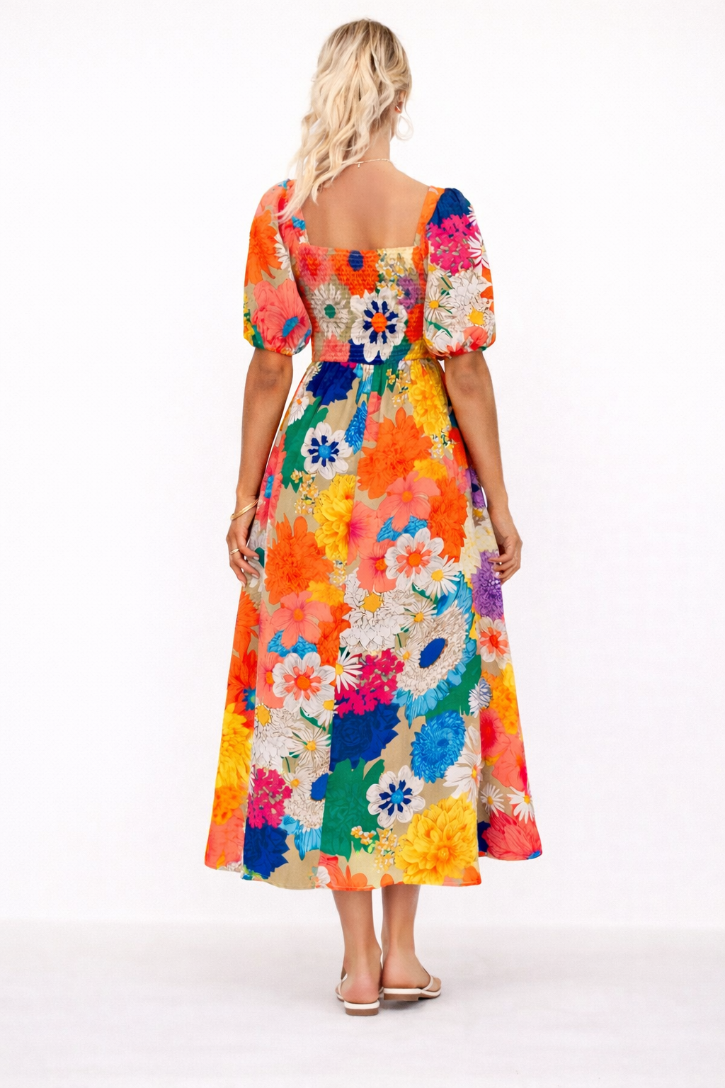 Midi-jurk met bloemenprint, V-hals en korte pofmouwen - Elviane