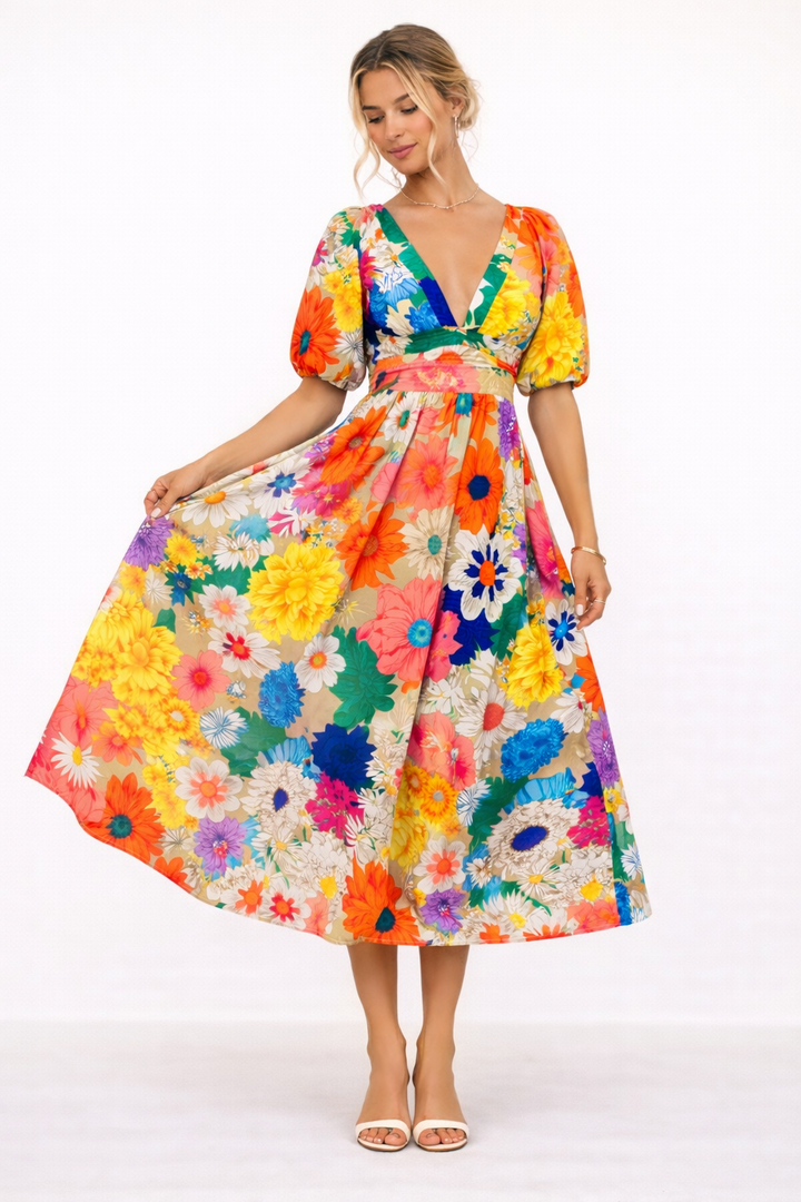 Midi-jurk met bloemenprint, V-hals en korte pofmouwen - Elviane