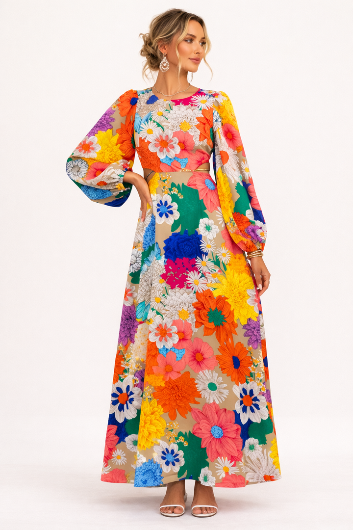 Maxi-jurk met bloemenprint en lange pofmouwen - Orlena