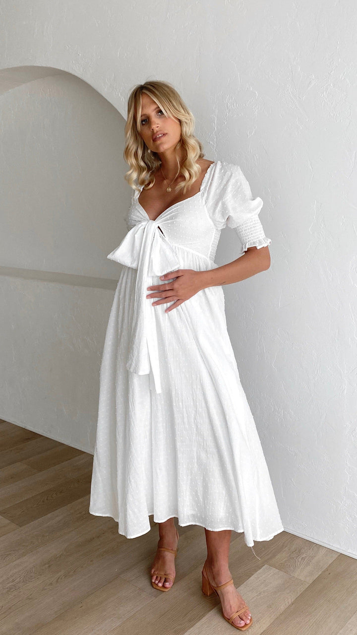Witte midi-jurk met blote schouders voor dames - Renata