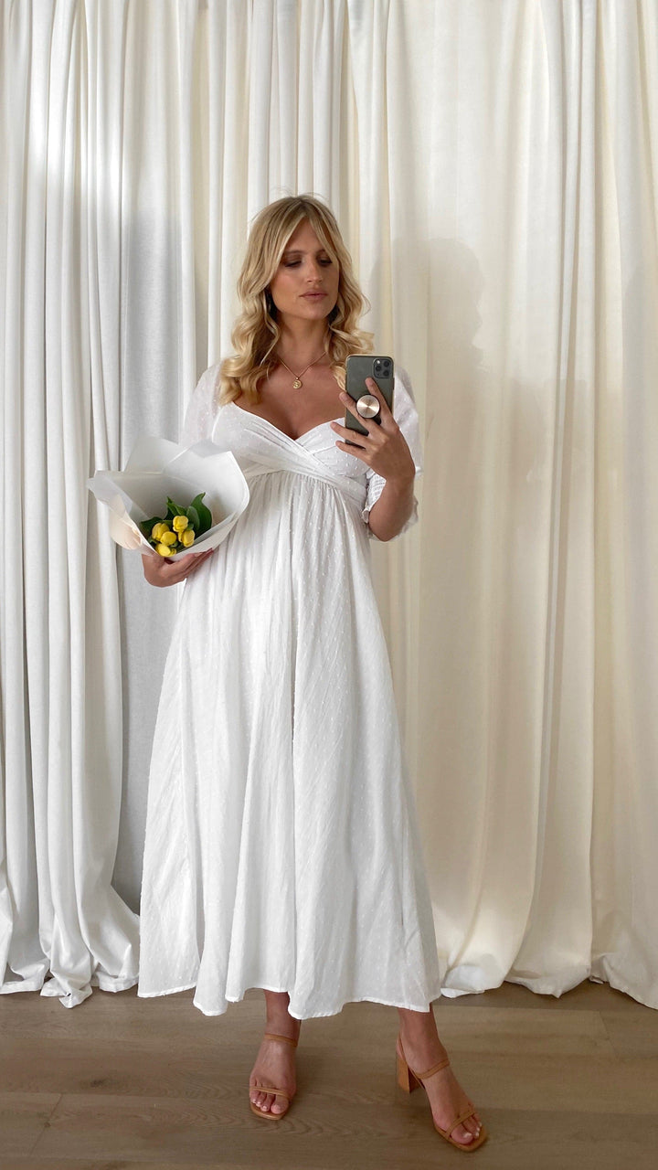 Witte midi-jurk met blote schouders voor dames - Renata