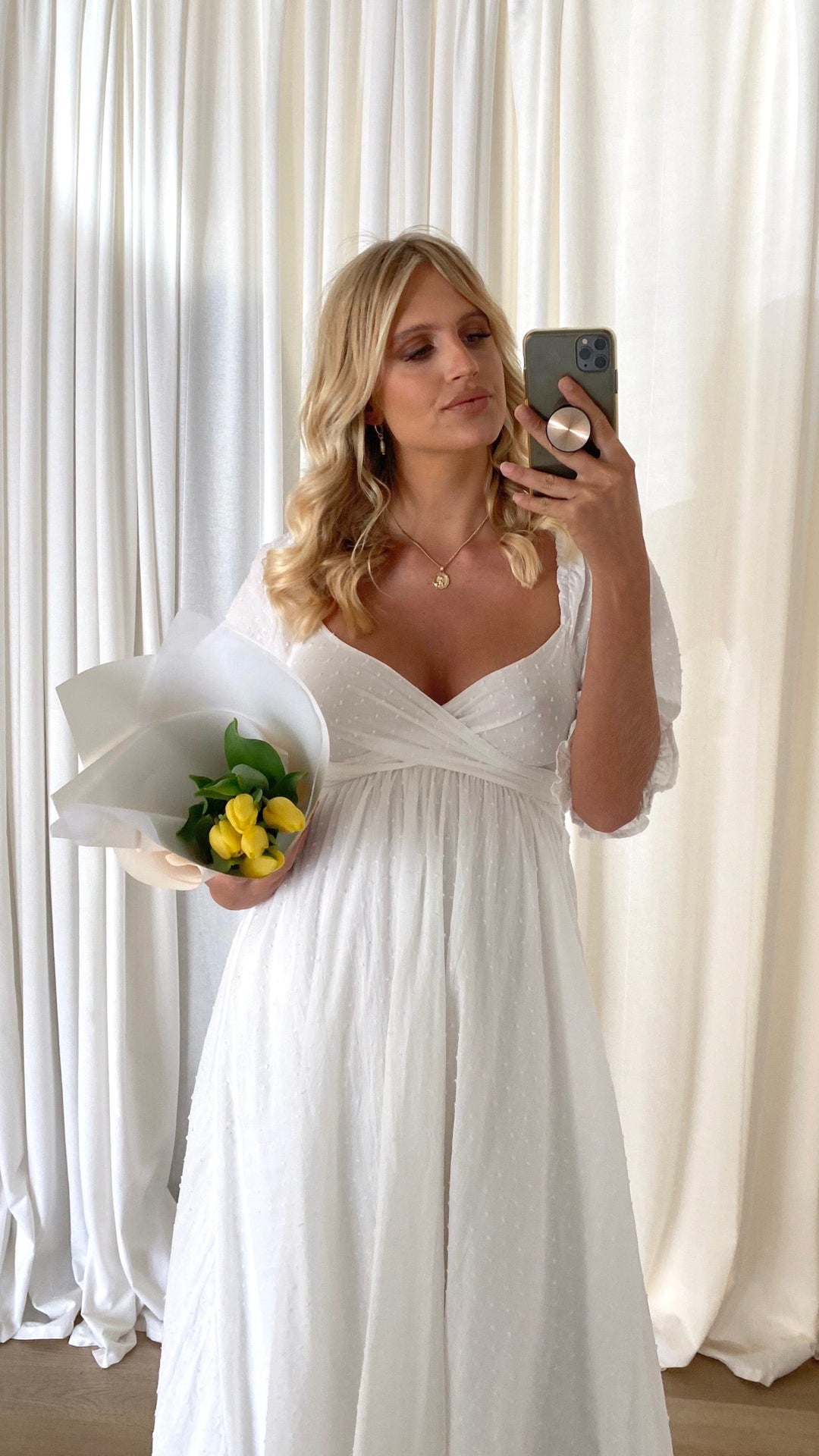 Witte midi-jurk met blote schouders voor dames - Renata