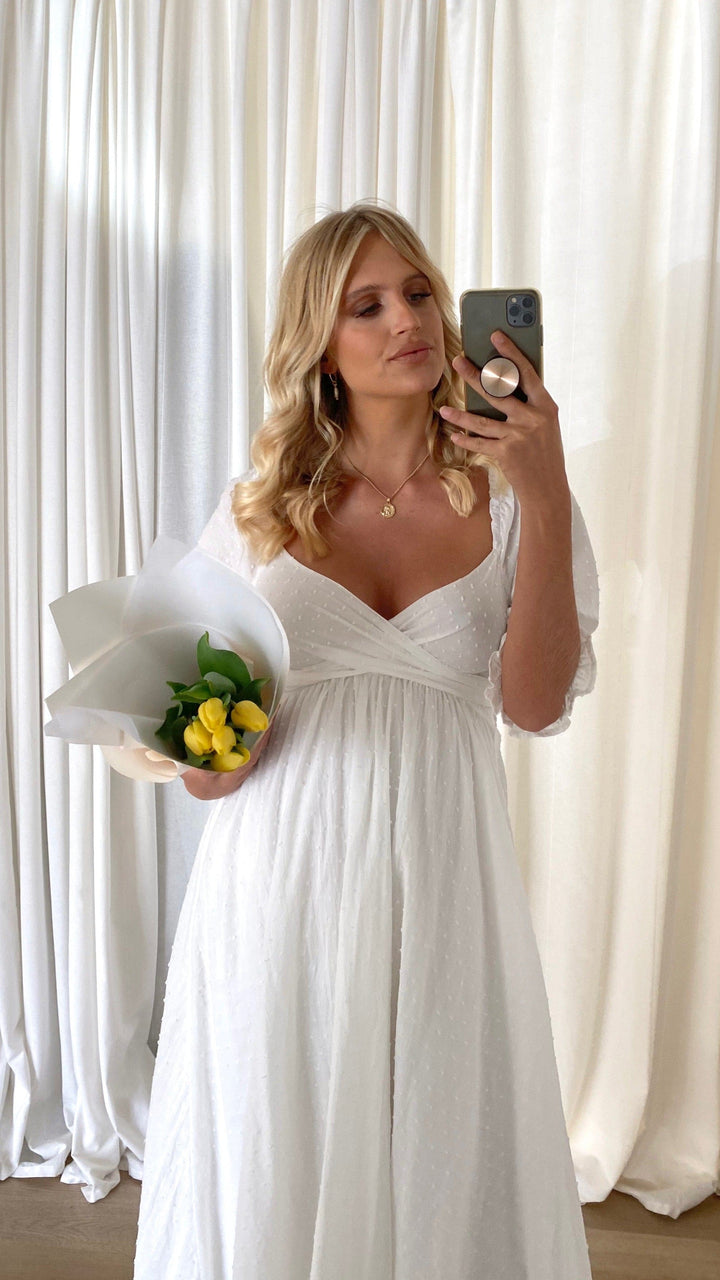 Witte midi-jurk met blote schouders voor dames - Renata