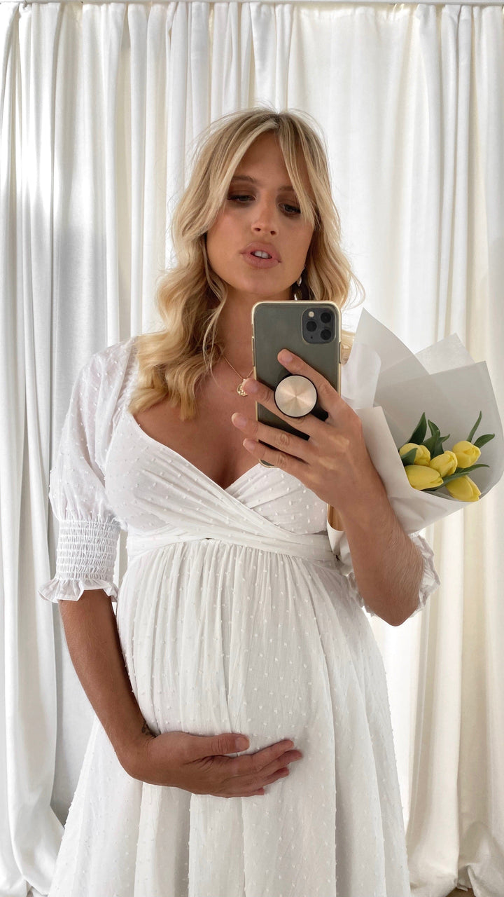 Witte midi-jurk met blote schouders voor dames - Renata