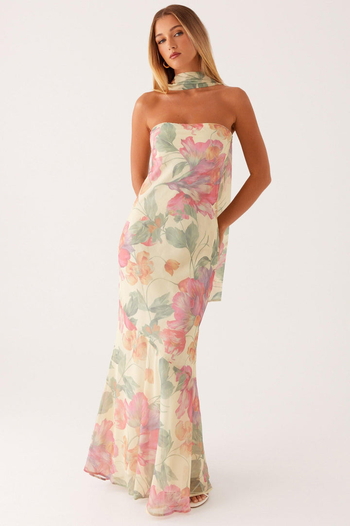 Camila - Lange strapless chiffon jurk met bloemenprint