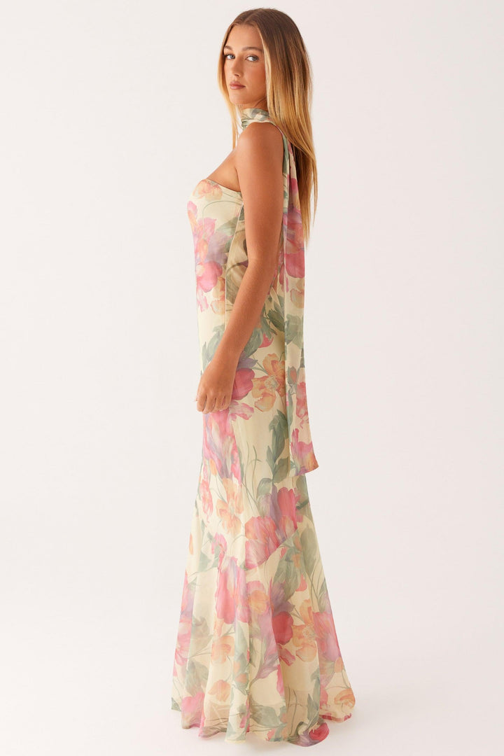 Camila - Lange strapless chiffon jurk met bloemenprint