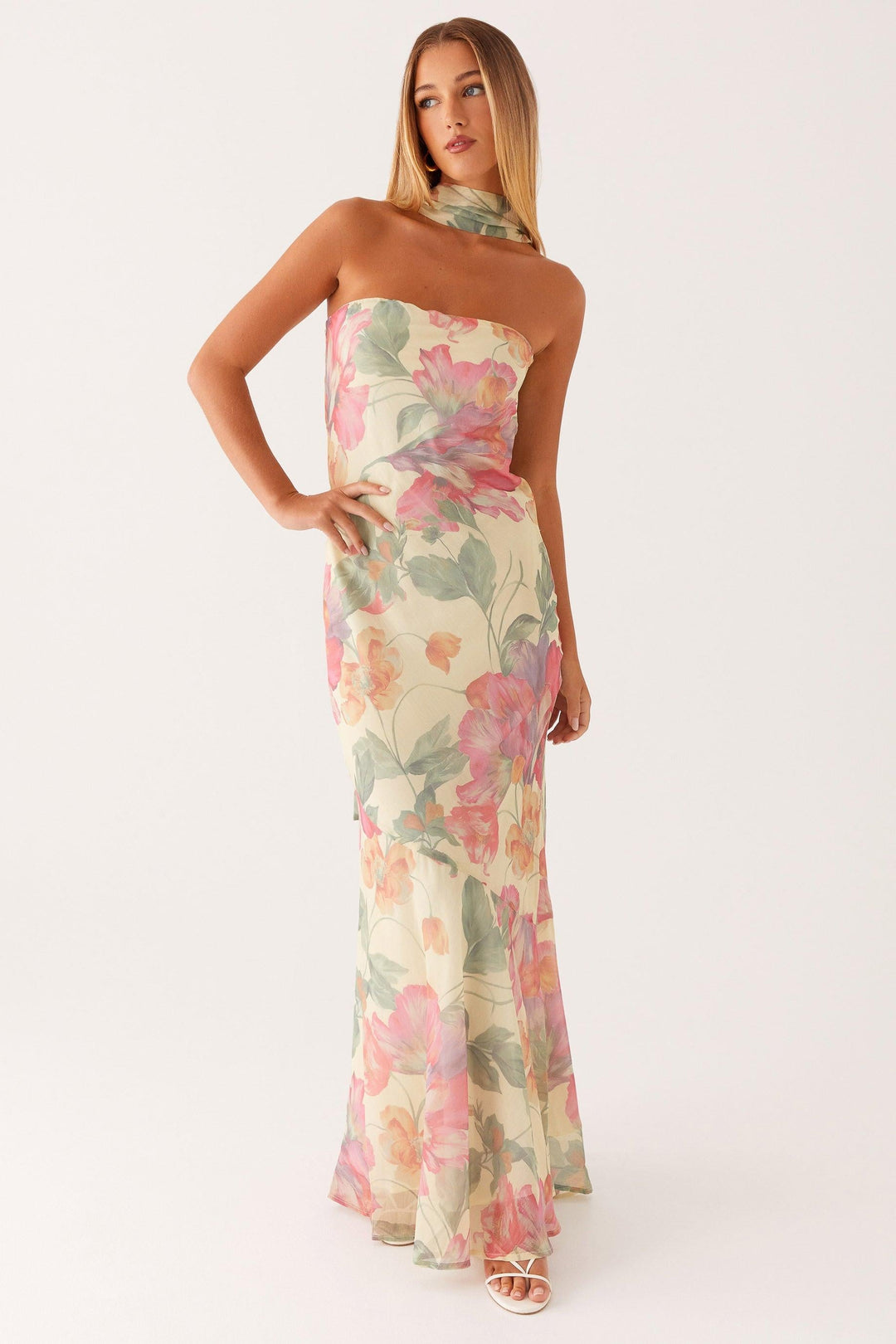 Camila - Lange strapless chiffon jurk met bloemenprint