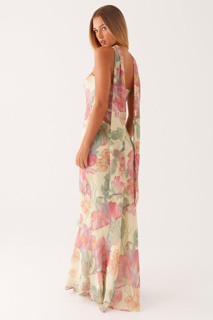 Camila - Lange strapless chiffon jurk met bloemenprint