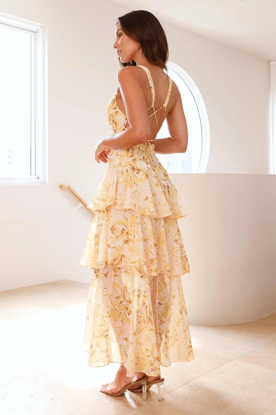 Mariana - Gele lange jurk met ruches en bloemenprint