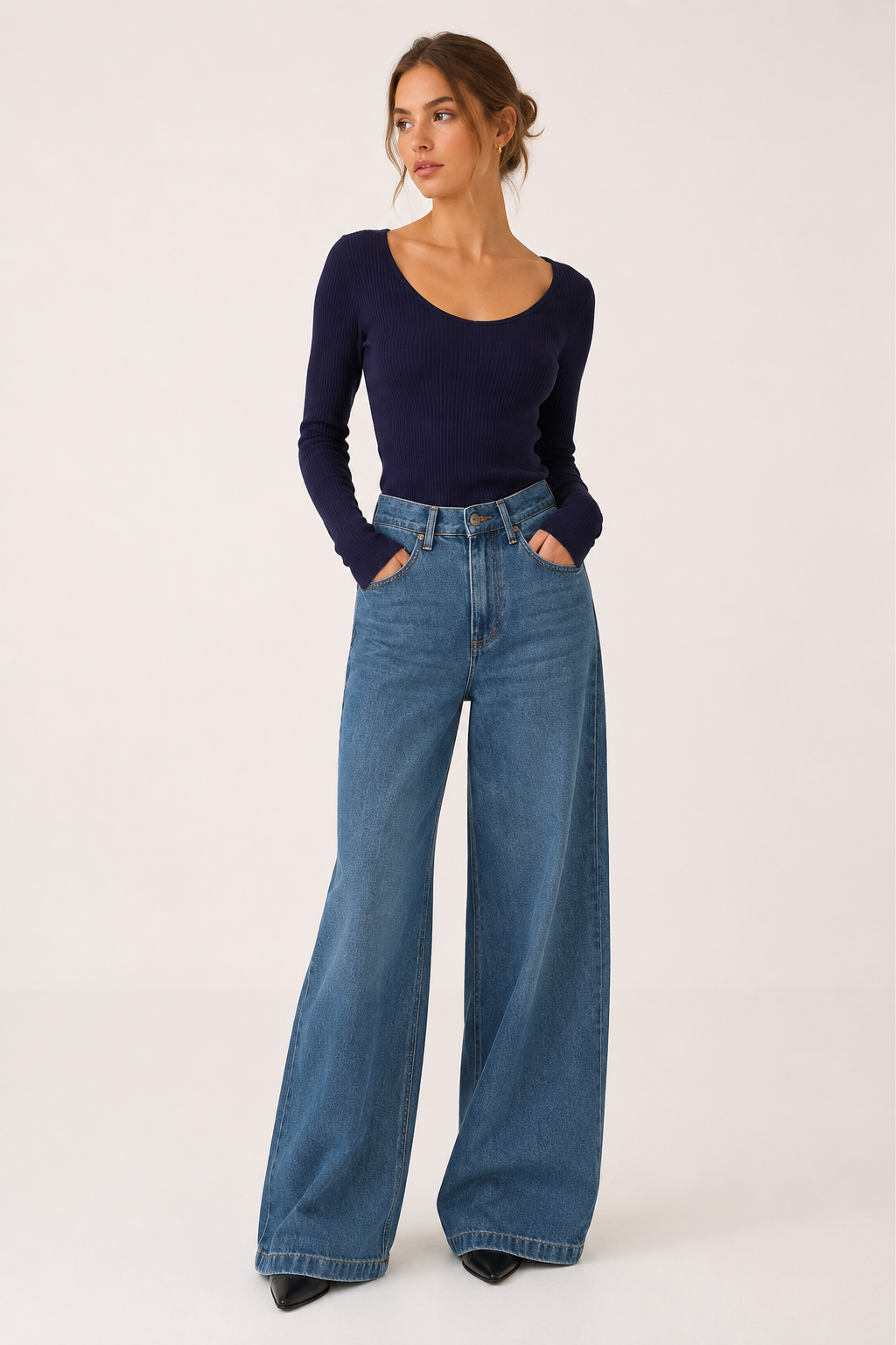 Baggy damesjeans met hoge taille, wijde pijpen en een rechte pasvorm - Freja