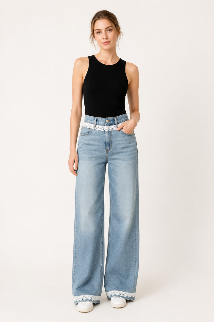 Damesjeans met wijde pijpen en hoge taille, voorzien van kanten details - Irma