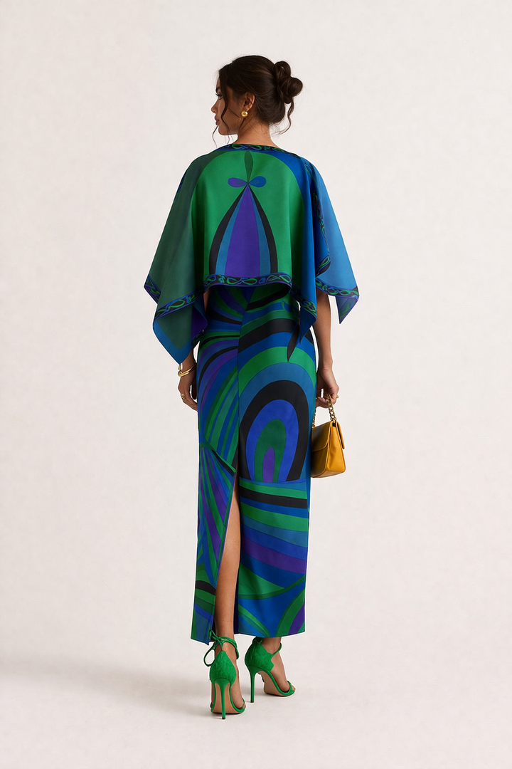 Damesjurk, lang, strapless, tweedelig met geometrische print - Karyme