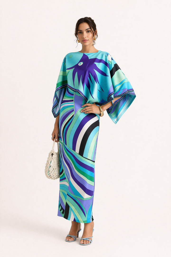 Damesjurk, lang, strapless, tweedelig met geometrische print - Karyme