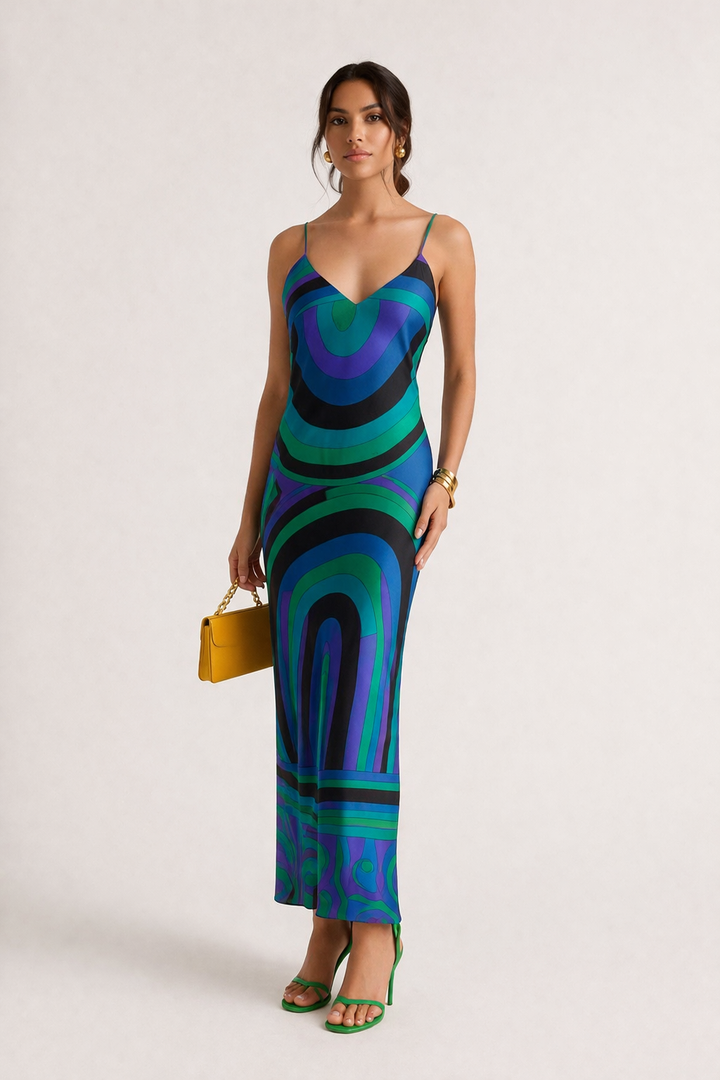 Damesjurk, lang, strapless, tweedelig met geometrische print - Karyme