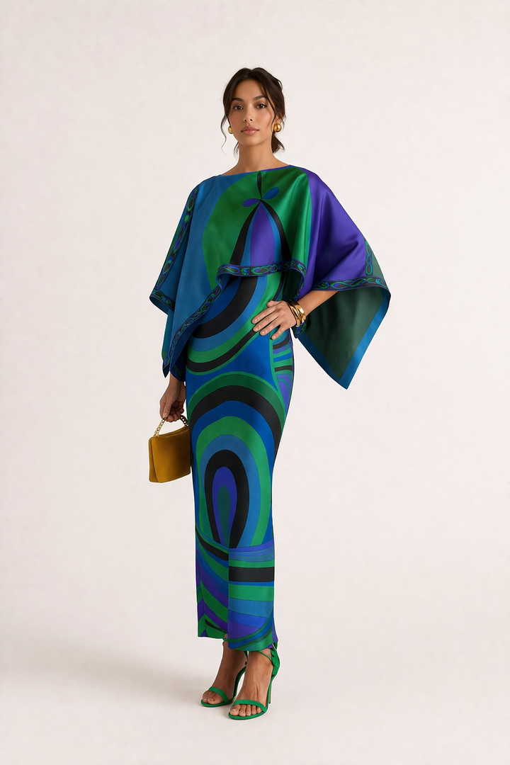 Damesjurk, lang, strapless, tweedelig met geometrische print - Karyme