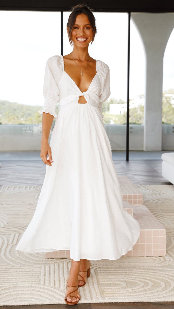 Witte midi-jurk met blote schouders voor dames - Renata