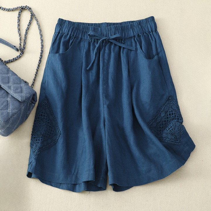 Linnen damesshort met zijborduursel en verstelbare taille - Paloma