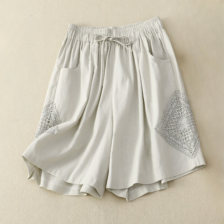 Linnen damesshort met zijborduursel en verstelbare taille - Paloma