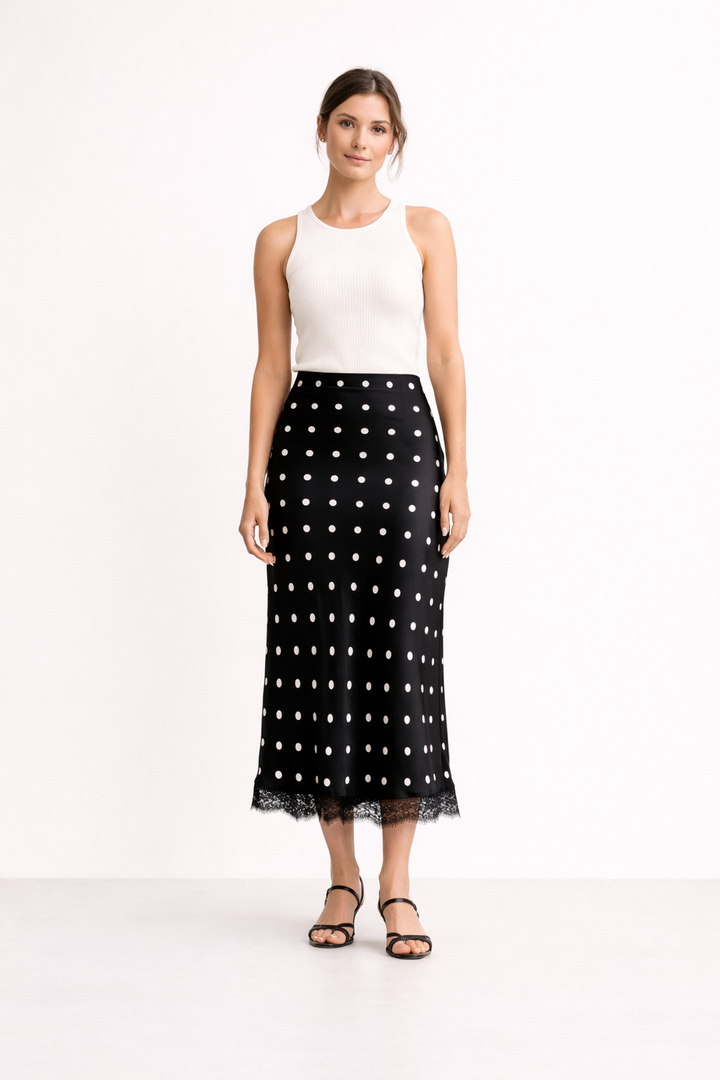 Dames midirok met stippenprint en elegant kanten detail - Solenne