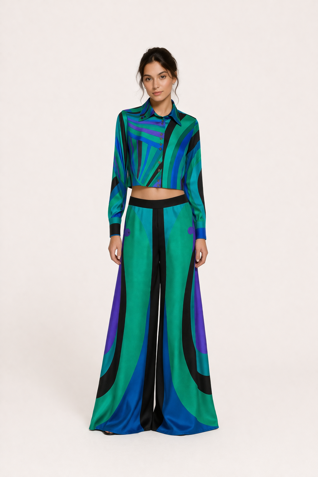 Damestop met lange mouwen, wijde broek, elegante print - Jenna